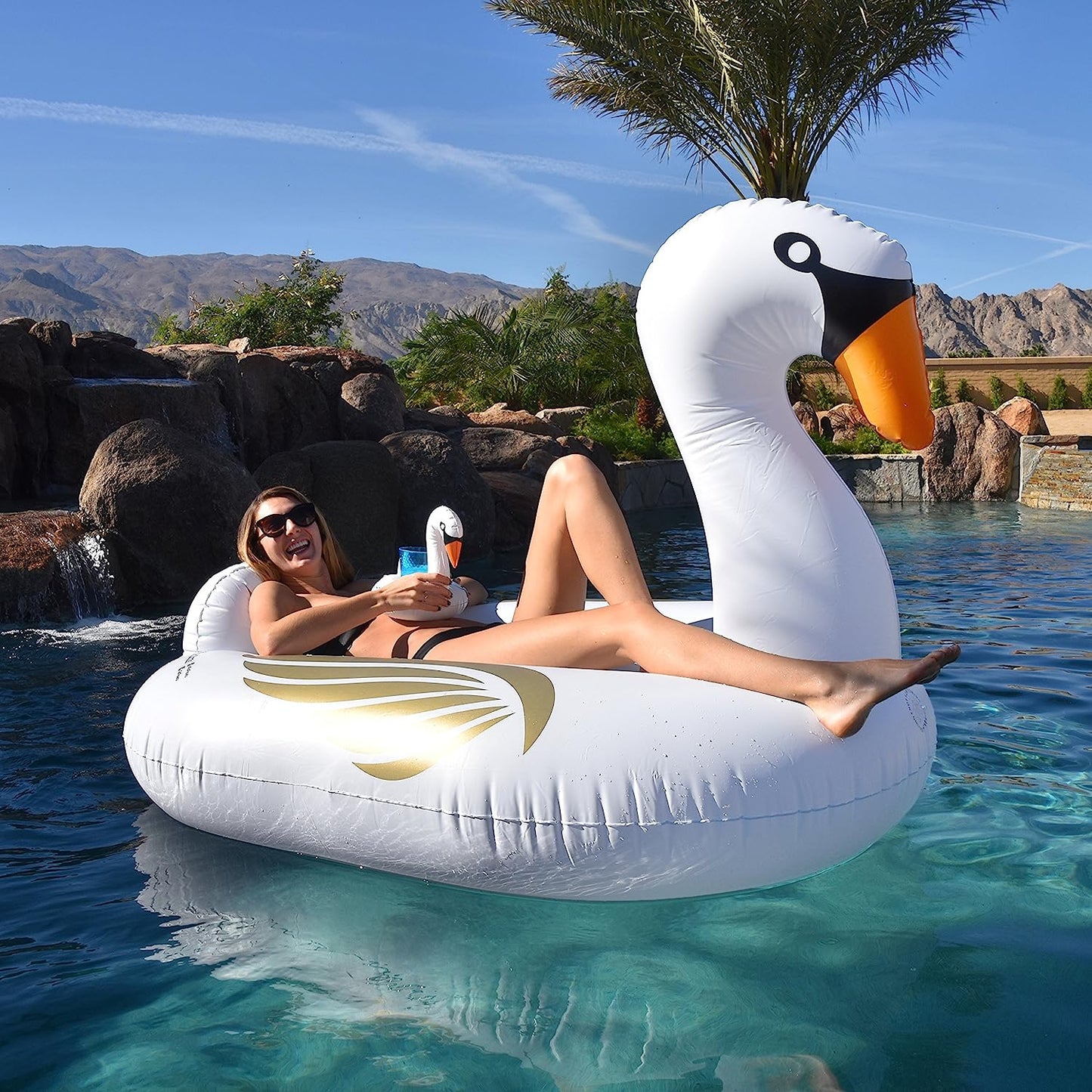 Giant Inflatable Pool Floats - Choose Unicorn, Dragon, Flamingo, Swan, or Bull - Includes Drink Float